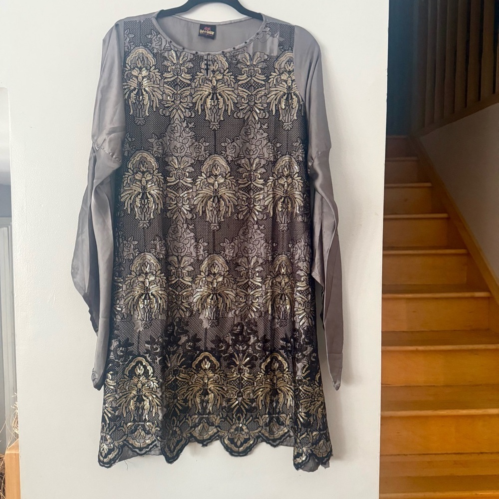 Beautiful Ethnic Formal Women's Gray Tunic in Embellished Gold Beading